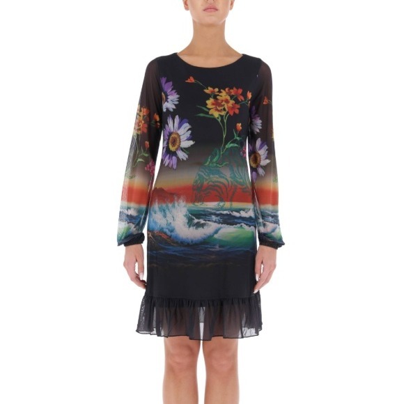 DESIGUAL Black Barton Dress Floral Ocean Wave Print Long Sleeve Ruffle US M NWT - Picture 10 of 10